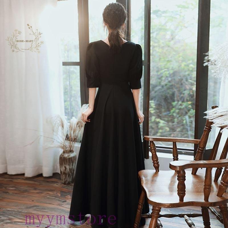 喪服 ワンピース レディース 礼服 長袖 きれいめ ロング丈 ハイウエスト Aライン Vネック ロングワンピース フォーマル エレガント シック おしゃれ 黒 20代