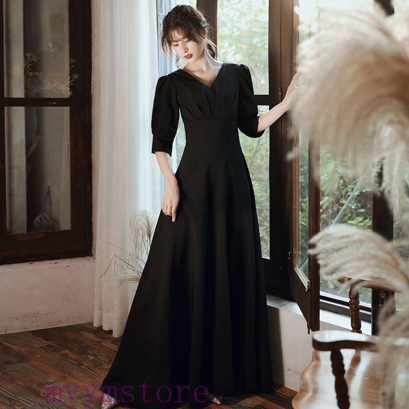 喪服 ワンピース レディース 礼服 長袖 きれいめ ロング丈 ハイウエスト Aライン Vネック ロングワンピース フォーマル エレガント シック おしゃれ 黒 20代
