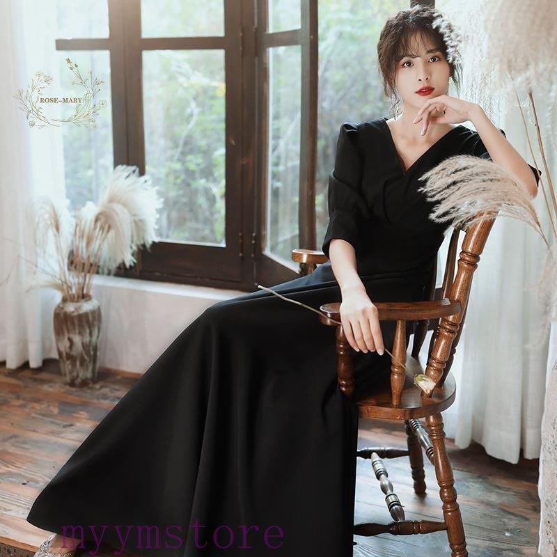 喪服 ワンピース レディース 礼服 長袖 きれいめ ロング丈 ハイウエスト Aライン Vネック ロングワンピース フォーマル エレガント シック おしゃれ 黒 20代