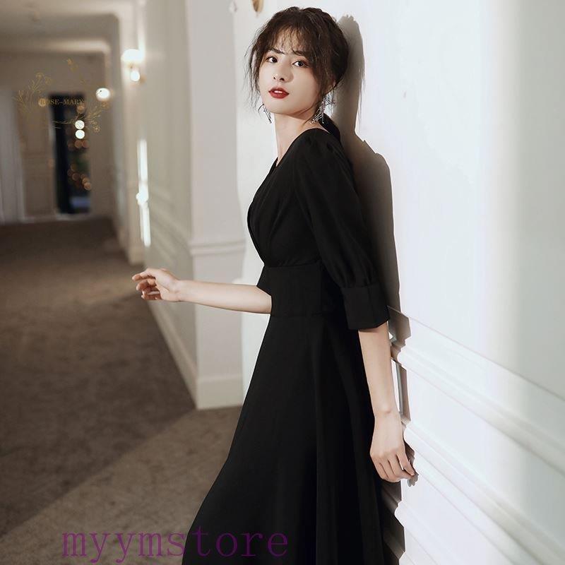 喪服 ワンピース レディース 礼服 長袖 きれいめ ロング丈 ハイウエスト Aライン Vネック ロングワンピース フォーマル エレガント シック おしゃれ 黒 20代