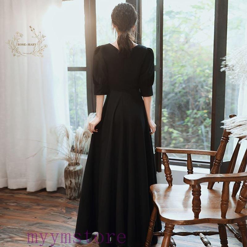 喪服 ワンピース レディース 礼服 長袖 きれいめ ロング丈 ハイウエスト Aライン Vネック ロングワンピース フォーマル エレガント シック おしゃれ 黒 20代
