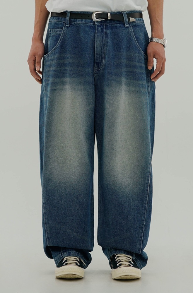 [PERSTEP]★MISTY CURVED DENIM PANTS Women Wide Leg Denim Pants Distressed Washed Solid Color