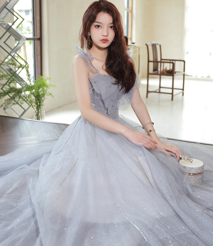 高級感 おしゃれ エレガント レディースドレス ロングドレス チュールスカ グレー キャミソール ロングドレス 編み上げ 宴会 結婚式 成人式 披露宴 着痩せ フランス風 新着 お呼ばれ ブライズメイ