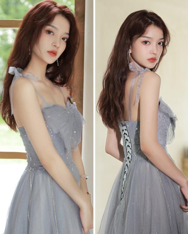 高級感 おしゃれ エレガント レディースドレス ロングドレス チュールスカ グレー キャミソール ロングドレス 編み上げ 宴会 結婚式 成人式 披露宴 着痩せ フランス風 新着 お呼ばれ ブライズメイ