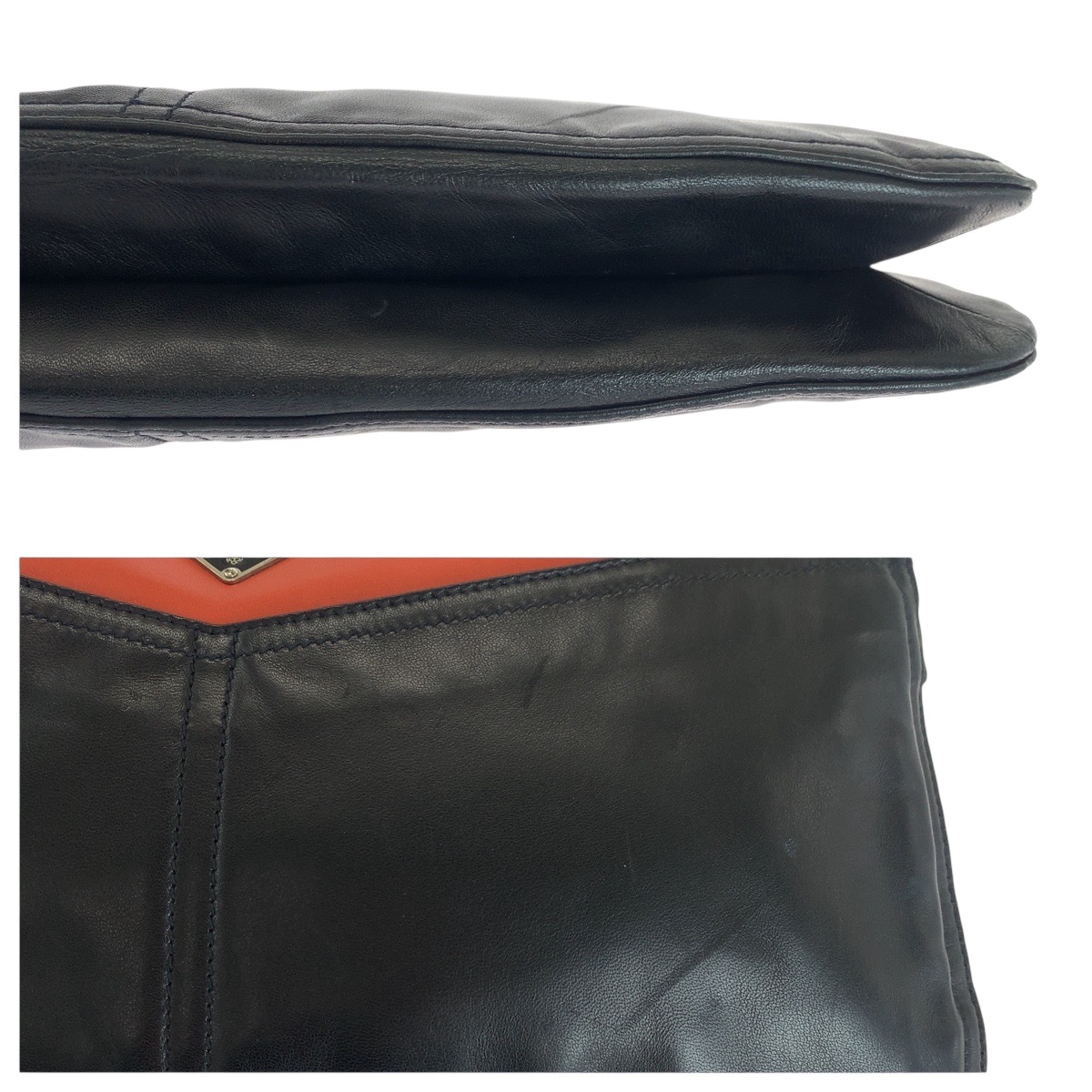 美品 三角ロゴプレート 男女兼用 ブラック オレンジ シルバー金具 レザー クラッチバッグ セカンドバッグ レディース 503535 美品 三角ロゴプレート 男女兼用 ブラック オレンジ シルバー金具 レザー クラッチバッグ セカンドバッグ レディース 503535