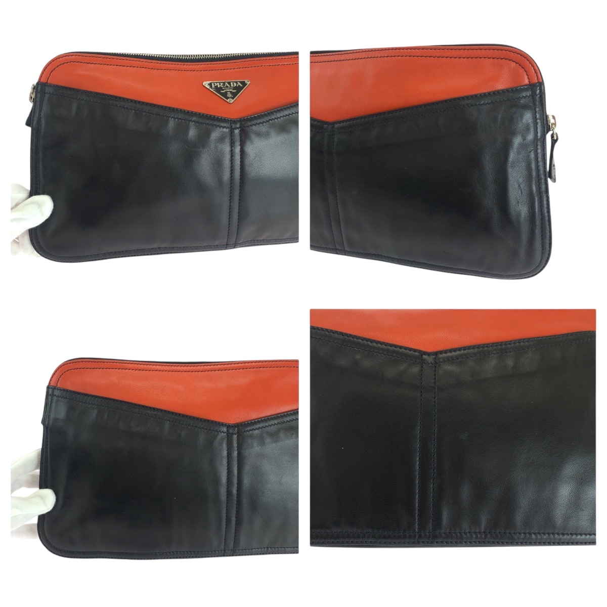 美品 三角ロゴプレート 男女兼用 ブラック オレンジ シルバー金具 レザー クラッチバッグ セカンドバッグ レディース 503535 美品 三角ロゴプレート 男女兼用 ブラック オレンジ シルバー金具 レザー クラッチバッグ セカンドバッグ レディース 503535