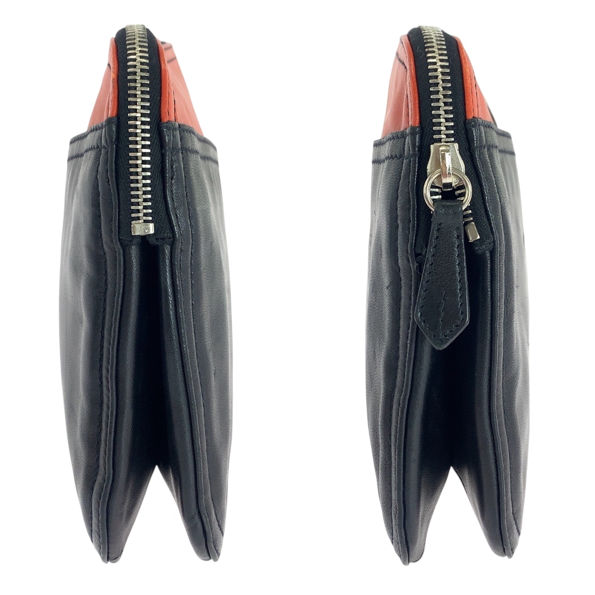 美品 三角ロゴプレート 男女兼用 ブラック オレンジ シルバー金具 レザー クラッチバッグ セカンドバッグ レディース 503535 美品 三角ロゴプレート 男女兼用 ブラック オレンジ シルバー金具 レザー クラッチバッグ セカンドバッグ レディース 503535