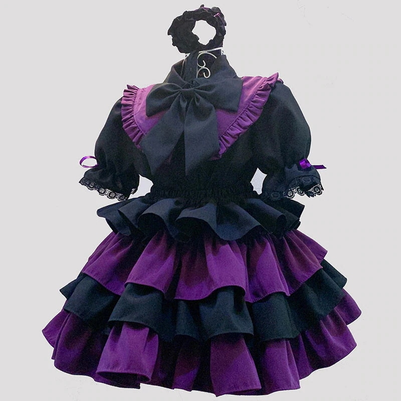 ハロウィン風メイド服　黒＋紫　黒色の蝶結び付け襟　４重ケーキスカート