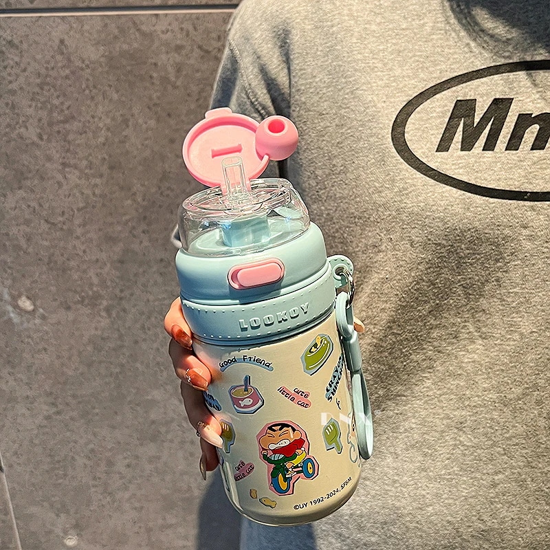 タンブラークレヨン新しいかわいい創造的な断熱カップ女の子ステンレス水コップ子供ストローカップ男性アウトドアカップルギフト水筒