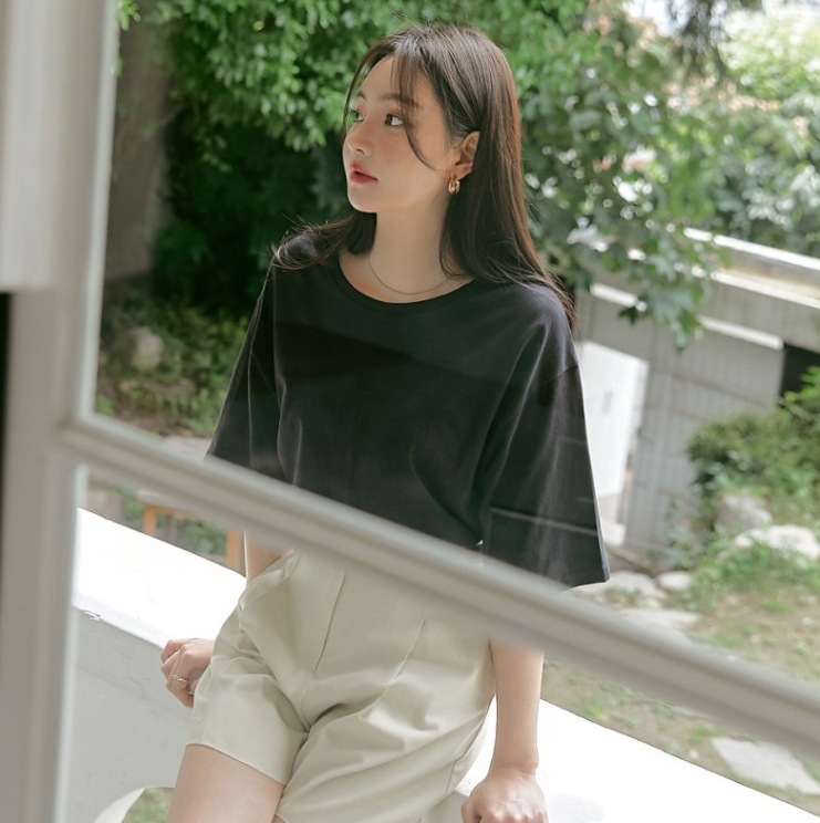 ルーズシャツ ロング丈Tシャツ 6色カラー トップス Tシャツ プルオーバー ビッグT ロング ロング丈 袖あり 半袖 5分袖 Uネック ラウンドネック スリム d853-r1.jpg
