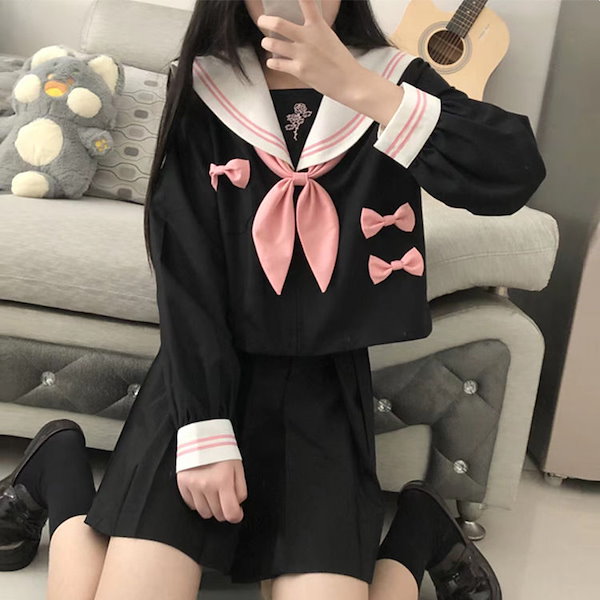 Qoo10] セーラー服 長袖 黒色 学生服 前開き