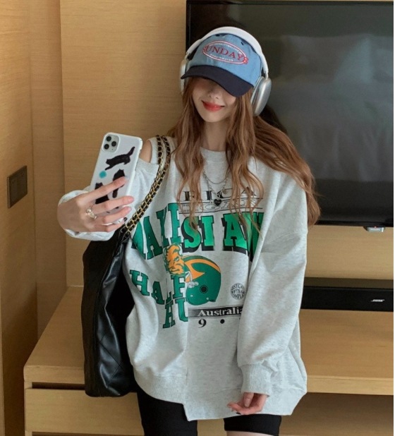 トップス レディース プルオーバー トレーナー 肩あきスウェット 長袖 クルーネック ロングスリーブ ロゴ トレンド ゆったり ビッグシルエット 大きいサイズ オーバーサイズ ドロップショルダー