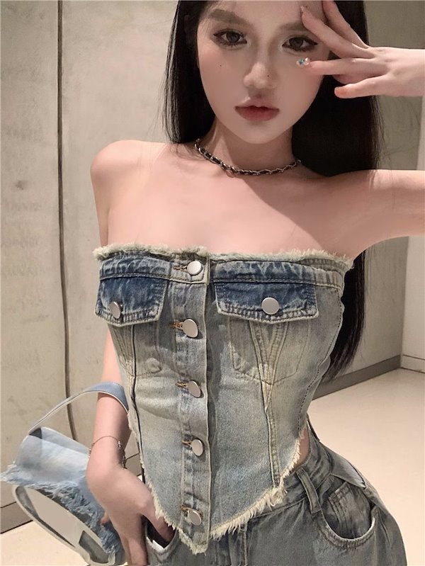 Amazon | [OUSHOP] 女性のセクシーなファッションデニムチューブトップストラップレスクロスネクタイフロントスリムボウノットコルセットデニム ブラジャークロップドタンクトップ,黒,S | キャミソール・タンクトップ 通販