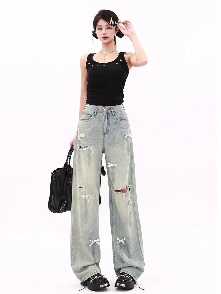 最安値に挑戦！【高品質の製品】25 デニムパンツ ロング丈ボトムスハイウエストジーンズ K-PPストリートファッション系韓国風ファッション練習ジーンズ シルエットゆったりレッグレディースカジュアルジー