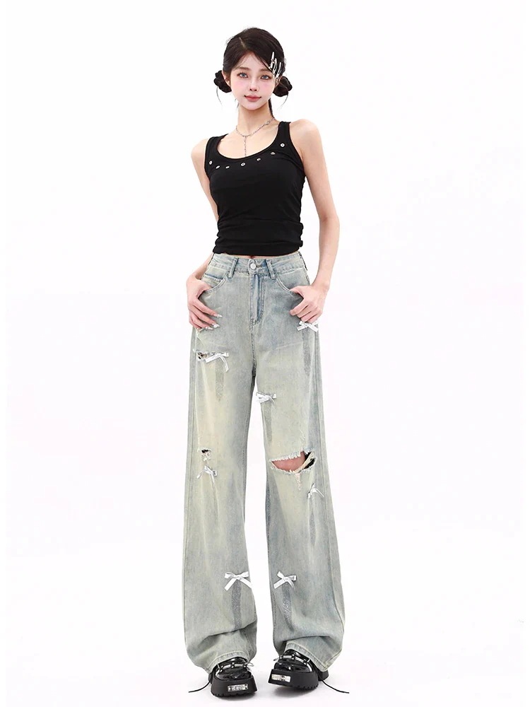 最安値に挑戦！【高品質の製品】25 デニムパンツ ロング丈ボトムスハイウエストジーンズ K-PPストリートファッション系韓国風ファッション練習ジーンズ シルエットゆったりレッグレディースカジュアルジー