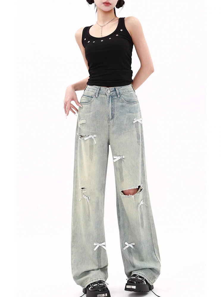 最安値に挑戦！【高品質の製品】25 デニムパンツ ロング丈ボトムスハイウエストジーンズ K-PPストリートファッション系韓国風ファッション練習ジーンズ シルエットゆったりレッグレディースカジュアルジー