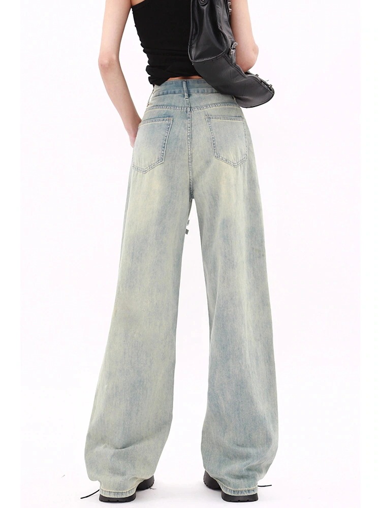 最安値に挑戦！【高品質の製品】25 デニムパンツ ロング丈ボトムスハイウエストジーンズ K-PPストリートファッション系韓国風ファッション練習ジーンズ シルエットゆったりレッグレディースカジュアルジー