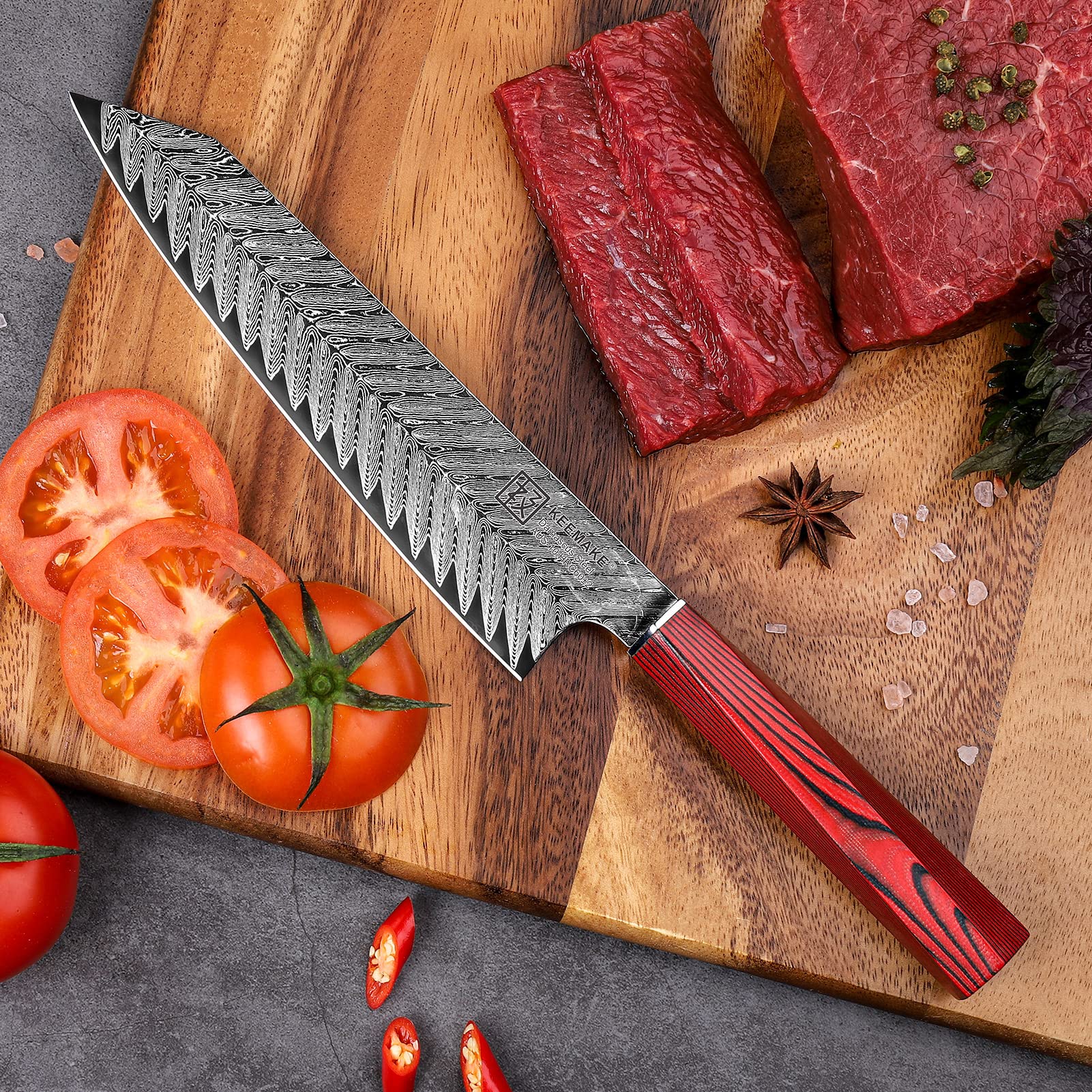 包丁 牛刀 ダマスカス包丁 210mm ステンレス 両刃 食洗機対応 万能包丁 野菜 肉 魚 プレゼント 家庭用 人気ランキング 調理用品 キッチンツール ケーキナイフ (牛刀（赤）210mm)