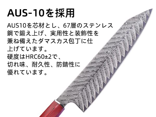包丁 牛刀 ダマスカス包丁 210mm ステンレス 両刃 食洗機対応 万能包丁 野菜 肉 魚 プレゼント 家庭用 人気ランキング 調理用品 キッチンツール ケーキナイフ (牛刀（赤）210mm)