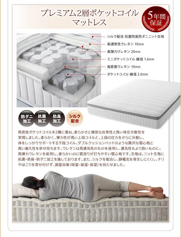 搬入/組立/簡単！選べる7つの寝心地！すのこ構造 脚付きマットレス ボトムベッド [プレミアム 2層ポケットコイルマットレス付き] キング [マットレス色]ホワイト