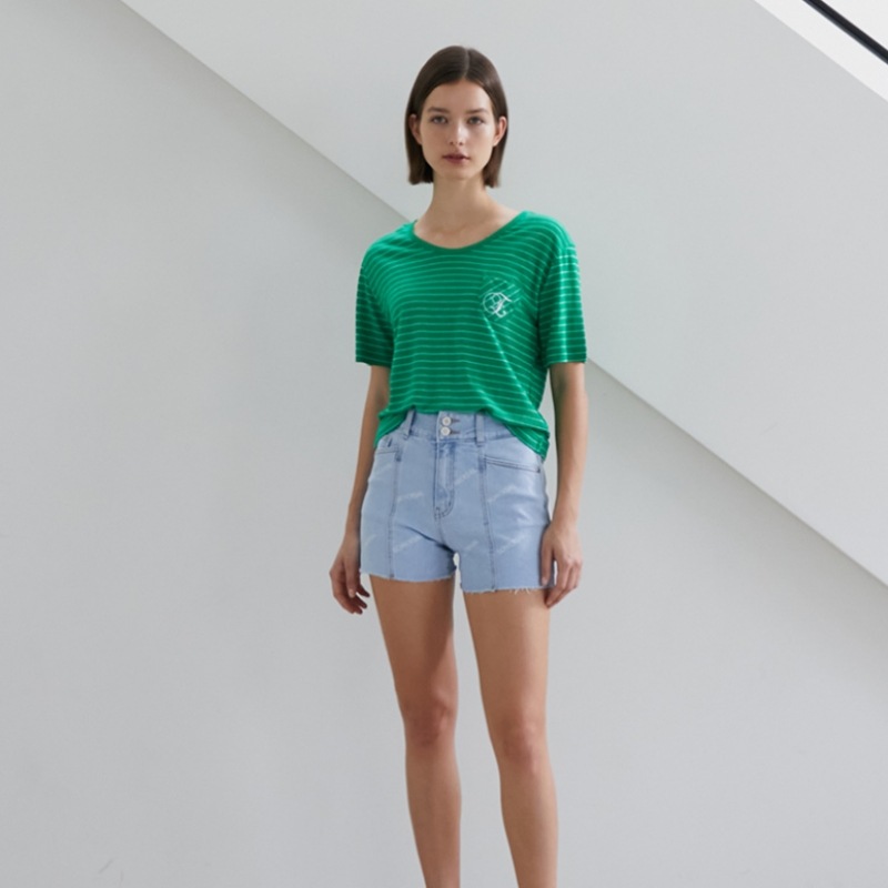 [エゴイスト] ストライプクールリネンUネックTシャツEN2JT606