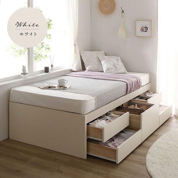 [組立設置付]収納ベッド ショート丈 セミシングル 国産ポケットコイルマットレス付 ナチュラル