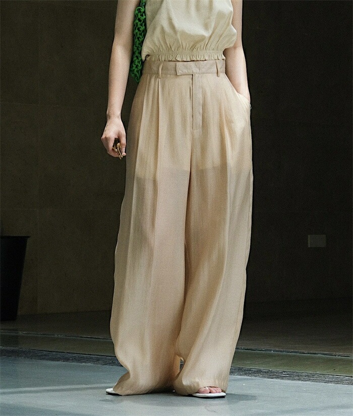 ワイドパンツ レディース きれいめ 夏 冷感 涼しい ひんやり ロング ロングパンツ ワイド タックパンツ テンセル 透け感 透け タック ハイウエスト ボトムス ボトム ガウチョ フレアパンツ ズボ