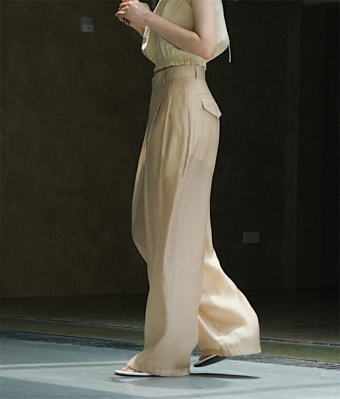 ワイドパンツ レディース きれいめ 夏 冷感 涼しい ひんやり ロング ロングパンツ ワイド タックパンツ テンセル 透け感 透け タック ハイウエスト ボトムス ボトム ガウチョ フレアパンツ ズボ