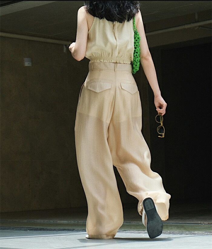 ワイドパンツ レディース きれいめ 夏 冷感 涼しい ひんやり ロング ロングパンツ ワイド タックパンツ テンセル 透け感 透け タック ハイウエスト ボトムス ボトム ガウチョ フレアパンツ ズボ