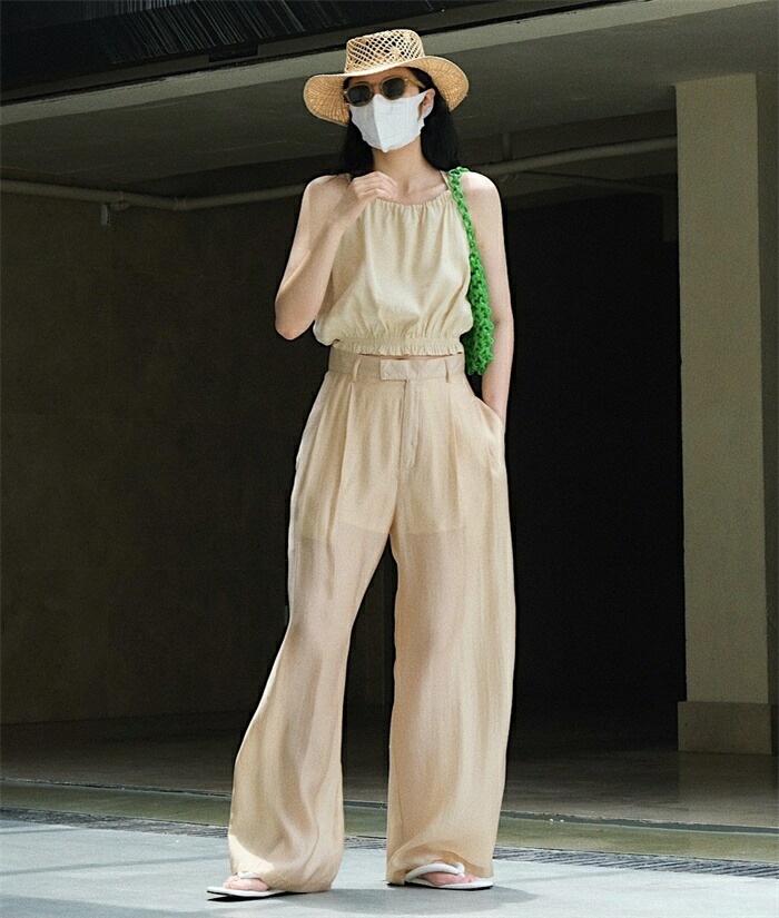 ワイドパンツ レディース きれいめ 夏 冷感 涼しい ひんやり ロング ロングパンツ ワイド タックパンツ テンセル 透け感 透け タック ハイウエスト ボトムス ボトム ガウチョ フレアパンツ ズボ