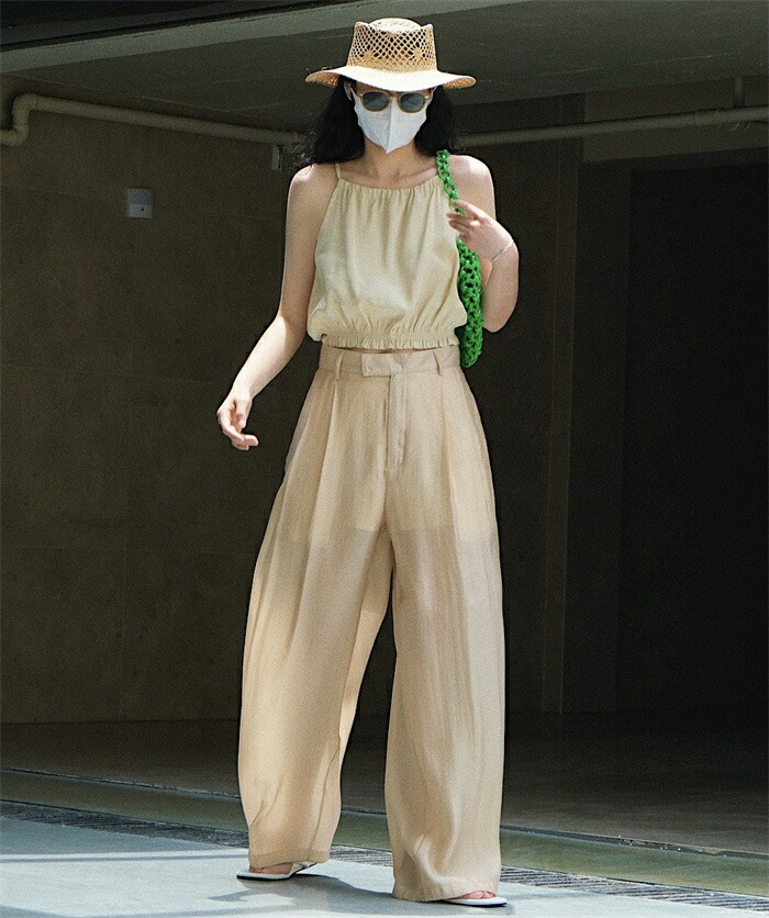 ワイドパンツ レディース きれいめ 夏 冷感 涼しい ひんやり ロング ロングパンツ ワイド タックパンツ テンセル 透け感 透け タック ハイウエスト ボトムス ボトム ガウチョ フレアパンツ ズボ