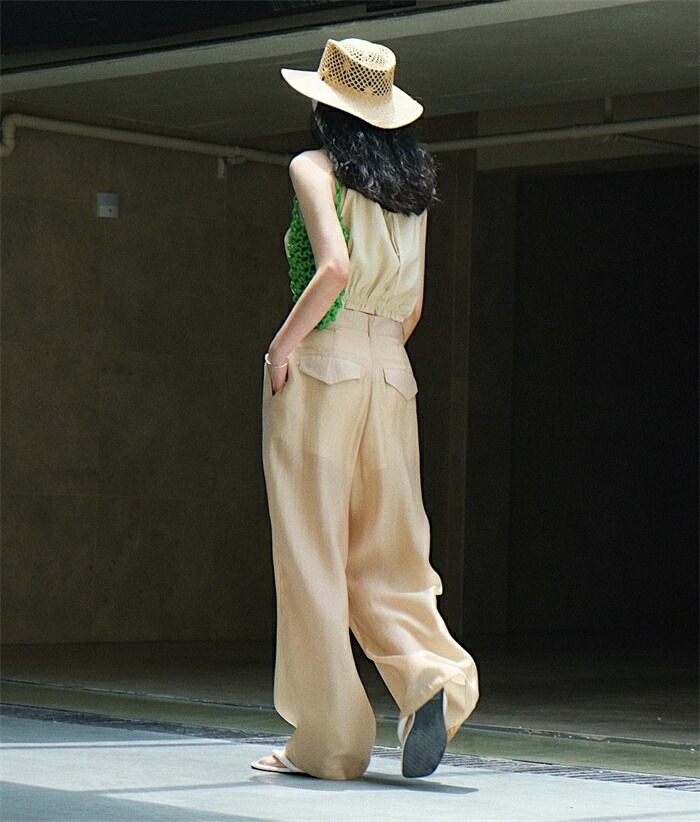 ワイドパンツ レディース きれいめ 夏 冷感 涼しい ひんやり ロング ロングパンツ ワイド タックパンツ テンセル 透け感 透け タック ハイウエスト ボトムス ボトム ガウチョ フレアパンツ ズボ