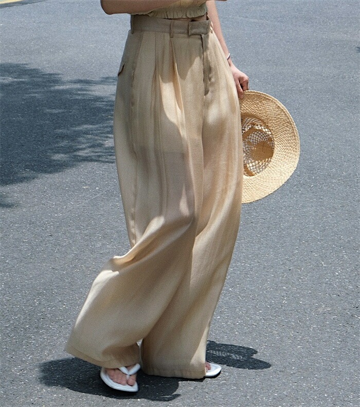 ワイドパンツ レディース きれいめ 夏 冷感 涼しい ひんやり ロング ロングパンツ ワイド タックパンツ テンセル 透け感 透け タック ハイウエスト ボトムス ボトム ガウチョ フレアパンツ ズボ