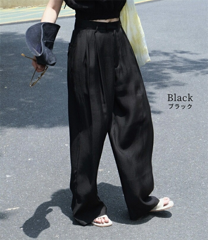 ワイドパンツ レディース きれいめ 夏 冷感 涼しい ひんやり ロング ロングパンツ ワイド タックパンツ テンセル 透け感 透け タック ハイウエスト ボトムス ボトム ガウチョ フレアパンツ ズボ