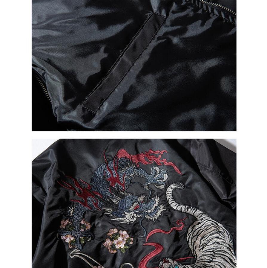 【3日で出荷】スカジャン メンズ 刺繍 ジャケット ブルゾン 龍 虎 サテン生地 和柄 2TYPE 中綿なし/あり 横須賀 光沢 男女兼用 スタジャン 野球服