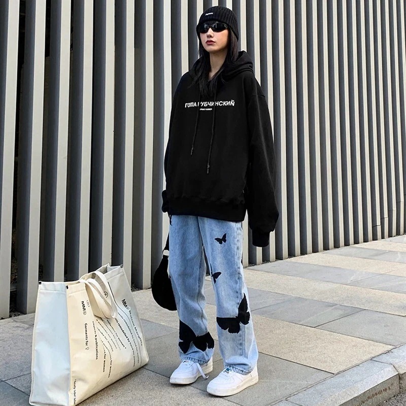 【急速出荷!】23プラスサイズのファットシスタールーズジーンズレディース新作ストレートブスリミングバタフライワ