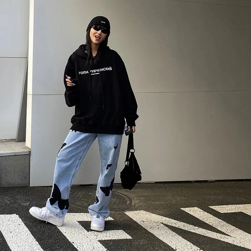 【急速出荷!】23プラスサイズのファットシスタールーズジーンズレディース新作ストレートブスリミングバタフライワ