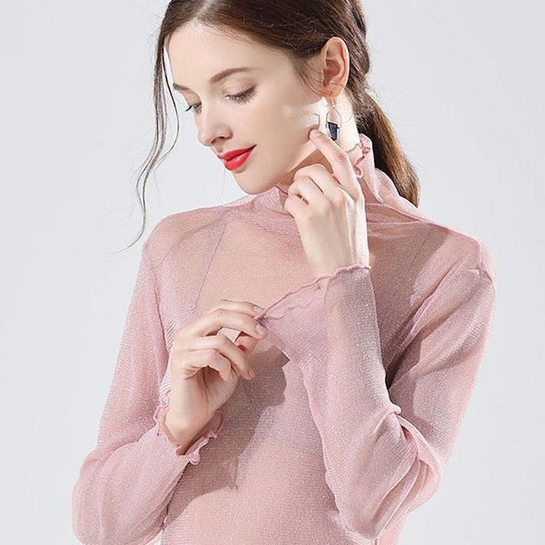 miso ポピー フォトローズピンクシースルートップスハイネック Pink ribbon see-through tops (High neck)