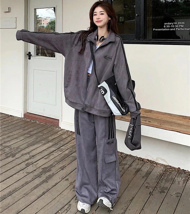 ファスナー スウェットパンツ 上下セット 長袖 春 カーゴパンツ 秋 ジャケット パーカー + スウェット 2色 レディース ジョガーパンツ トップス 運動着 スポーツウエア ダンス 通学