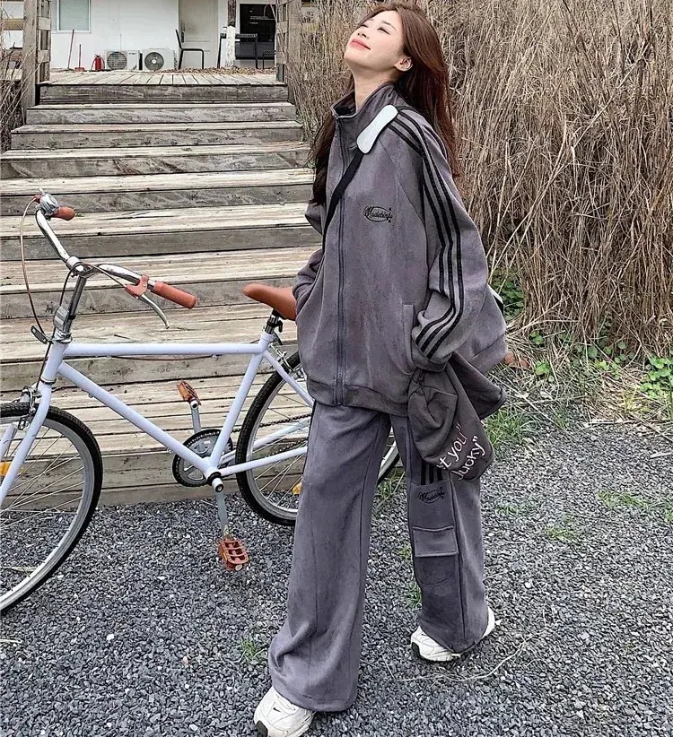 ファスナー スウェットパンツ 上下セット 長袖 春 カーゴパンツ 秋 ジャケット パーカー + スウェット 2色 レディース ジョガーパンツ トップス 運動着 スポーツウエア ダンス 通学