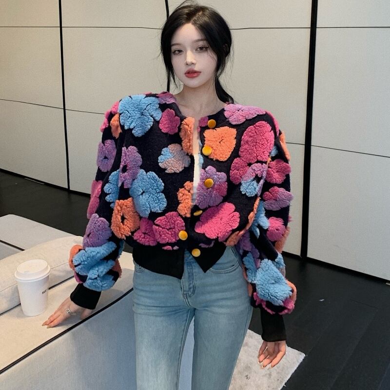 アウター ジャケット ショート丈 花柄 長袖 ラウンドネック ボタン シングルブレスト