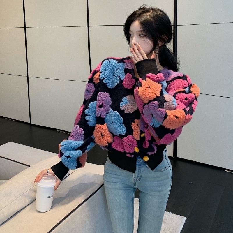 アウター ジャケット ショート丈 花柄 長袖 ラウンドネック ボタン シングルブレスト