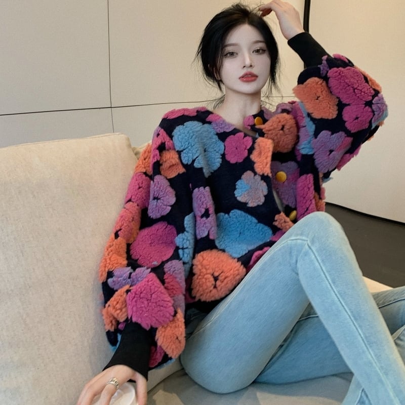 アウター ジャケット ショート丈 花柄 長袖 ラウンドネック ボタン シングルブレスト