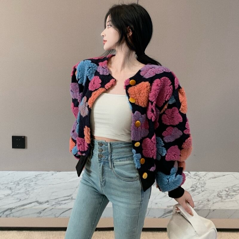 アウター ジャケット ショート丈 花柄 長袖 ラウンドネック ボタン シングルブレスト