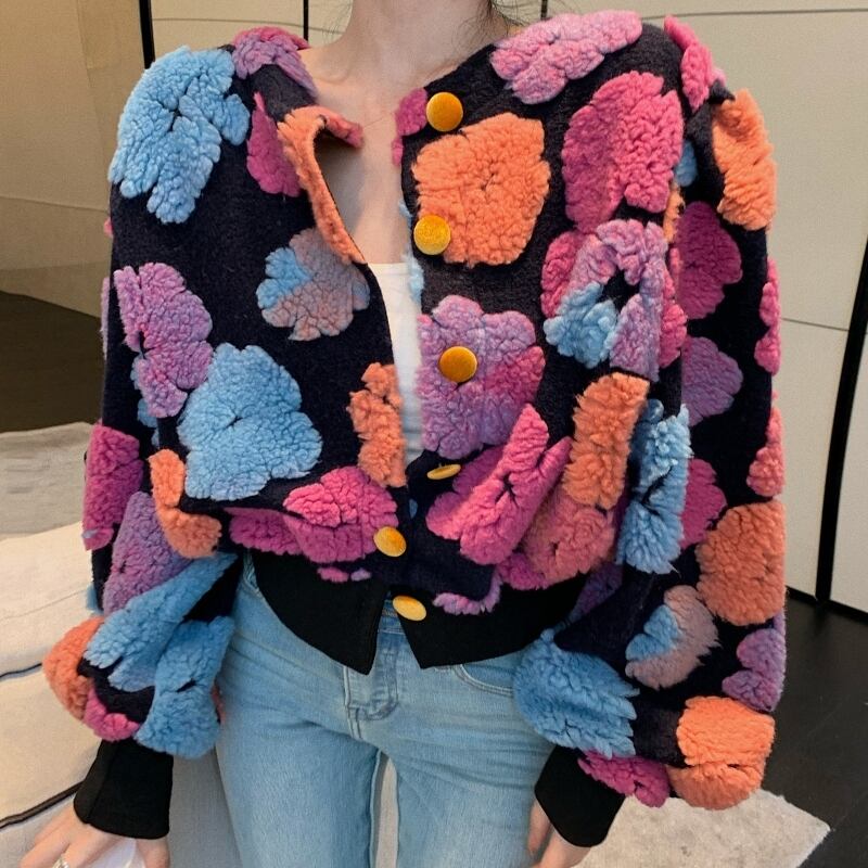 アウター ジャケット ショート丈 花柄 長袖 ラウンドネック ボタン シングルブレスト