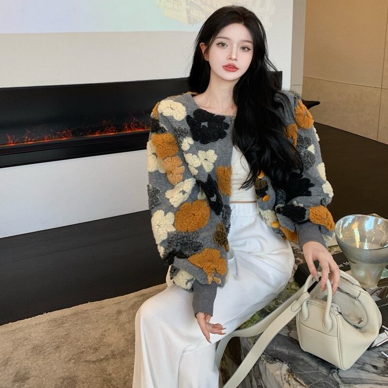 アウター ジャケット ショート丈 花柄 長袖 ラウンドネック ボタン シングルブレスト