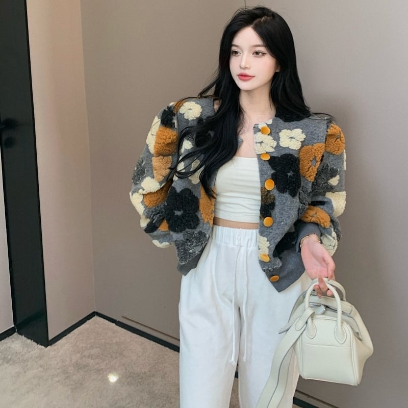 アウター ジャケット ショート丈 花柄 長袖 ラウンドネック ボタン シングルブレスト