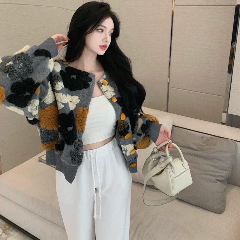 アウター ジャケット ショート丈 花柄 長袖 ラウンドネック ボタン シングルブレスト