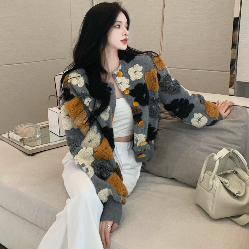 アウター ジャケット ショート丈 花柄 長袖 ラウンドネック ボタン シングルブレスト