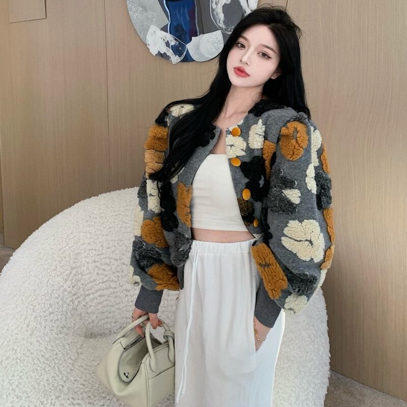 アウター ジャケット ショート丈 花柄 長袖 ラウンドネック ボタン シングルブレスト